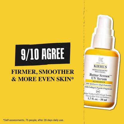 Promotional image for Kiehl’s Better Screen™ UV Serum Sunscreen. Text reads: 9/10 AGREE/ FIRMER, SMOOTHER/ & MORE EVEN SKIN*/ *Self-assessments, 75 people, after 28 days daily use