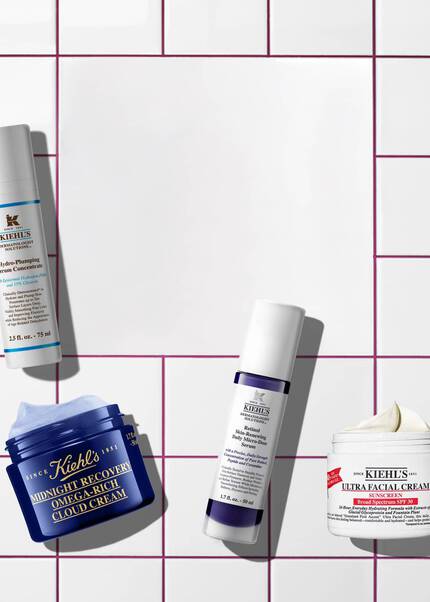 White tiled banner with pink grout lines displaying four Kiehl's products: Hydro-Plumping Serum, Midnight Recovery Cloud Cream, Retinol Micro-Dose Serum, and Ultra Facial Cream SPF 30.