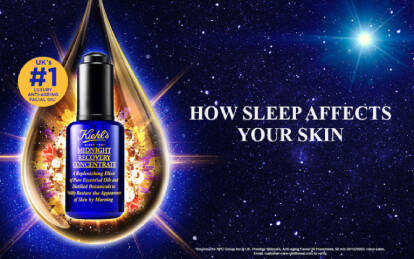 A promotional banner featuring a luxury facial oil bottle against a starry background, with the text "How Sleep Affects Your Skin" and a note about it being the UK's #1 luxury facial oil.