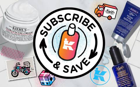 A flat lay of skincare products, including cream and serums, with a circular "Subscribe & Save" graphic in the center, set against a marble background.