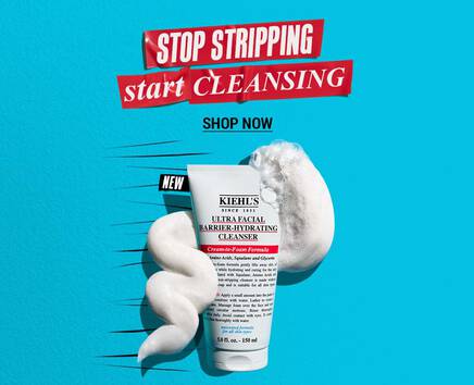 A tube of Kiehl's Ultra Facial Barrier-Hydrating Cleanser on a bright teal background, with foamy cleanser beside it. Text says: 'Stop Stripping, Start Cleansing. Shop Now'