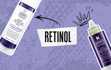 An illustration featuring a skincare product tube on a purple background, with a stylized arrow pointing to the word "RETINOL" in bold, black letters.