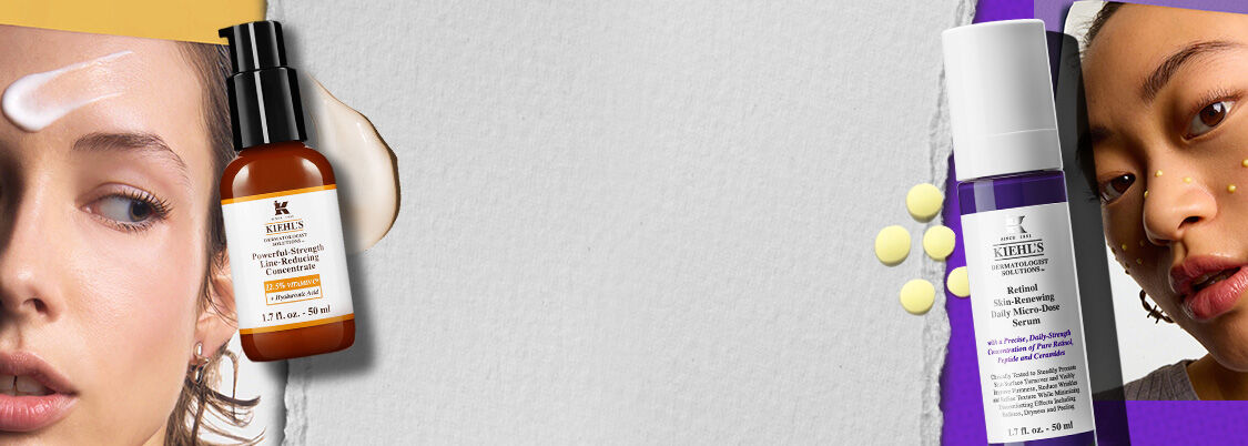 Two Kiehl's skincare serums are displayed on a textured background, with skincare cream and round yellow capsules nearby.