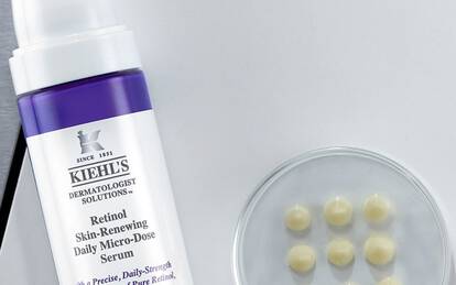 A collage showcasing skincare products, including a serum and a cream. The image highlights the efficacy and gentle formula of the products on the left and shows hands applying the serum in the center, with additional skincare items visible on the right.