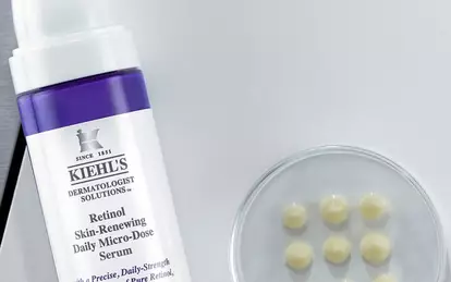 A collage showcasing skincare products, including a serum and a cream. The image highlights the efficacy and gentle formula of the products on the left and shows hands applying the serum in the center, with additional skincare items visible on the right.