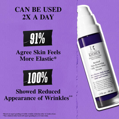 Purple background with text promoting retinol serum. Highlights include "Can be used 2x a day," "91% agree skin feels more elastic," and "100% showed reduced wrinkles." A bottle of serum is pictured on the right.