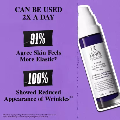 Purple background with text promoting retinol serum. Highlights include "Can be used 2x a day," "91% agree skin feels more elastic," and "100% showed reduced wrinkles." A bottle of serum is pictured on the right.