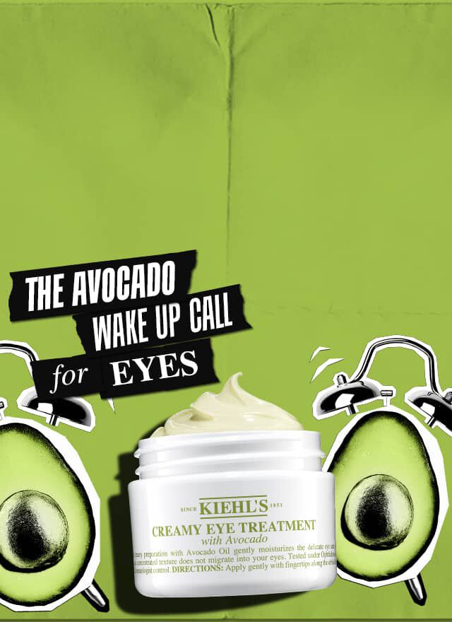 Kiehl’s creamy eye treatment with avocado shown with avocado halves as alarm clocks and text "The Avocado Wake Up Call for Eyes."