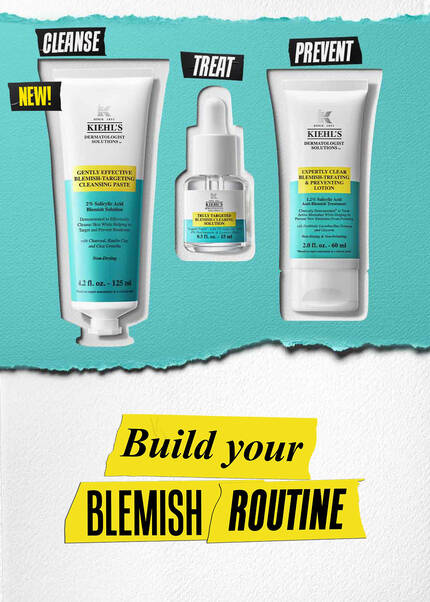 Three Kiehl's skincare products for blemish care: cleanse, treat, and prevent. Includes cleansing paste, treatment solution, and lotion.