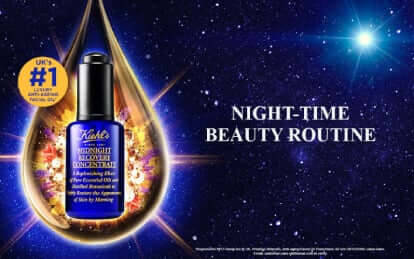 A promotional image featuring a blue bottle of luxury facial oil set against a starry background, highlighting its use in a nighttime beauty routine. The text emphasizes that it is the UK's number one luxury anti-aging product.