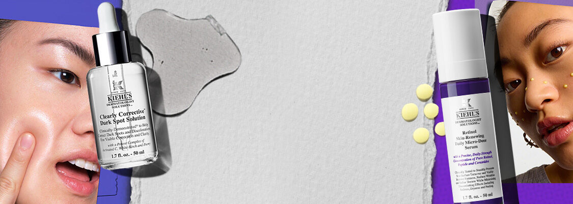 Two skincare serums are displayed on a textured background.