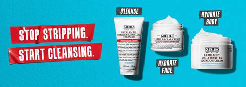Kiehl's skincare products on a vibrant turquoise background, showcasing a cleanser and two hydrating creams for face and body.