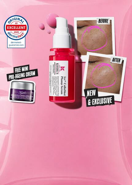 Kiehl's 1cc CollaShot Plump Serum and free mini Super Multi-Corrective Cream shown alongside Before and After photos demonstrating plumping results on the cheek area. Features a Dermatest Excellent rating seal and a "New & Exclusive" badge set against a pink background.