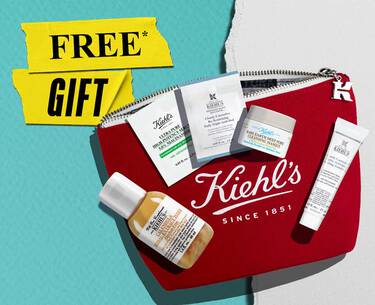 Promotional image featuring a Kiehl's branded pouch filled with skincare products,  Ultra Light Daily UV Defense Aqua Gel SPF 50, 5ml, Ultra Facial toner 30ml, Clearly Corrective Dark Spot Correcting Serum, 5ml, Ultra Facial Cream, 3ml on a white and yellow background.