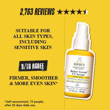 Kiehl’s Better Screen UV Serum sunscreen with SPF 50, highly rated by 2,763 reviews, suits all skin types, includes free mini serum with purchase.