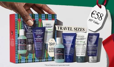 Kiehl’s holiday men’s travel-size gift set with face wash, shave cream, scrub, and moisturizer; promotional elements highlight “Travel Sizes” and a $66 value.