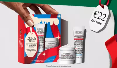 Hydrating Holiday Hits" skincare gift set on a green background, featuring Ultra Facial Cream and Creamy Eye Treatment with Avocado in festive packaging.​