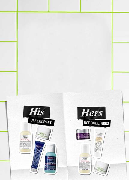Kiehl's August promotional banner: Spend 70€+ and claim your free His or Hers skincare routine