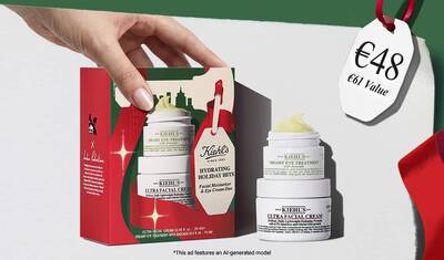 Hydrating Holiday Hits" skincare gift set on a green background, featuring Ultra Facial Cream and Creamy Eye Treatment with Avocado in festive packaging.​