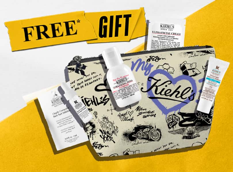 Promotional image featuring a Kiehl's branded pouch filled with skincare products,  Ultra Light Daily UV Defense Aqua Gel SPF 50, 5ml, Ultra Facial toner 30ml, Clearly Corrective Dark Spot Correcting Serum, 5ml, Ultra Facial Cream, 3ml on a white and yellow background.