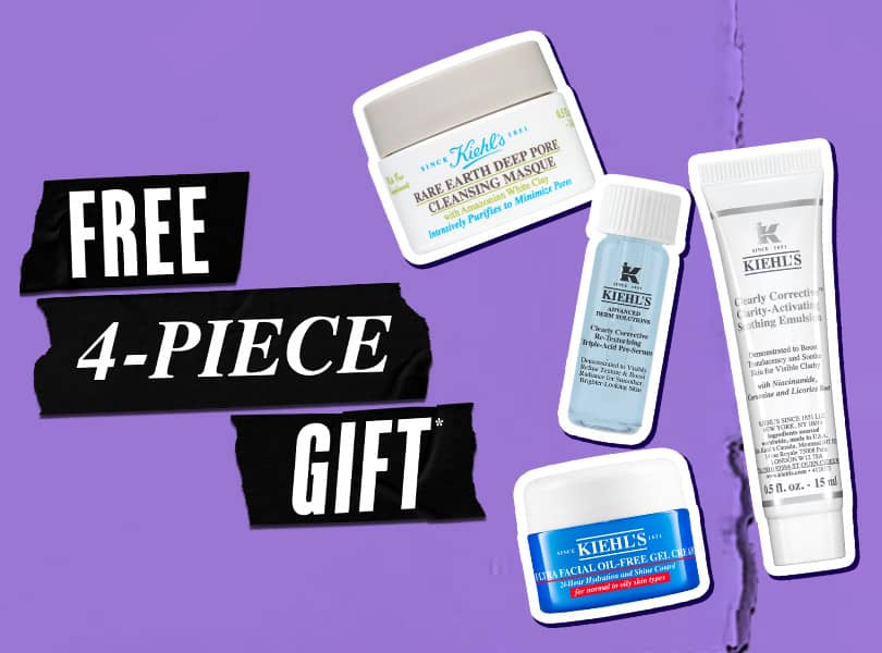 Promotional image featuring a Kiehl's branded pouch filled with skincare products on a white and blue background.